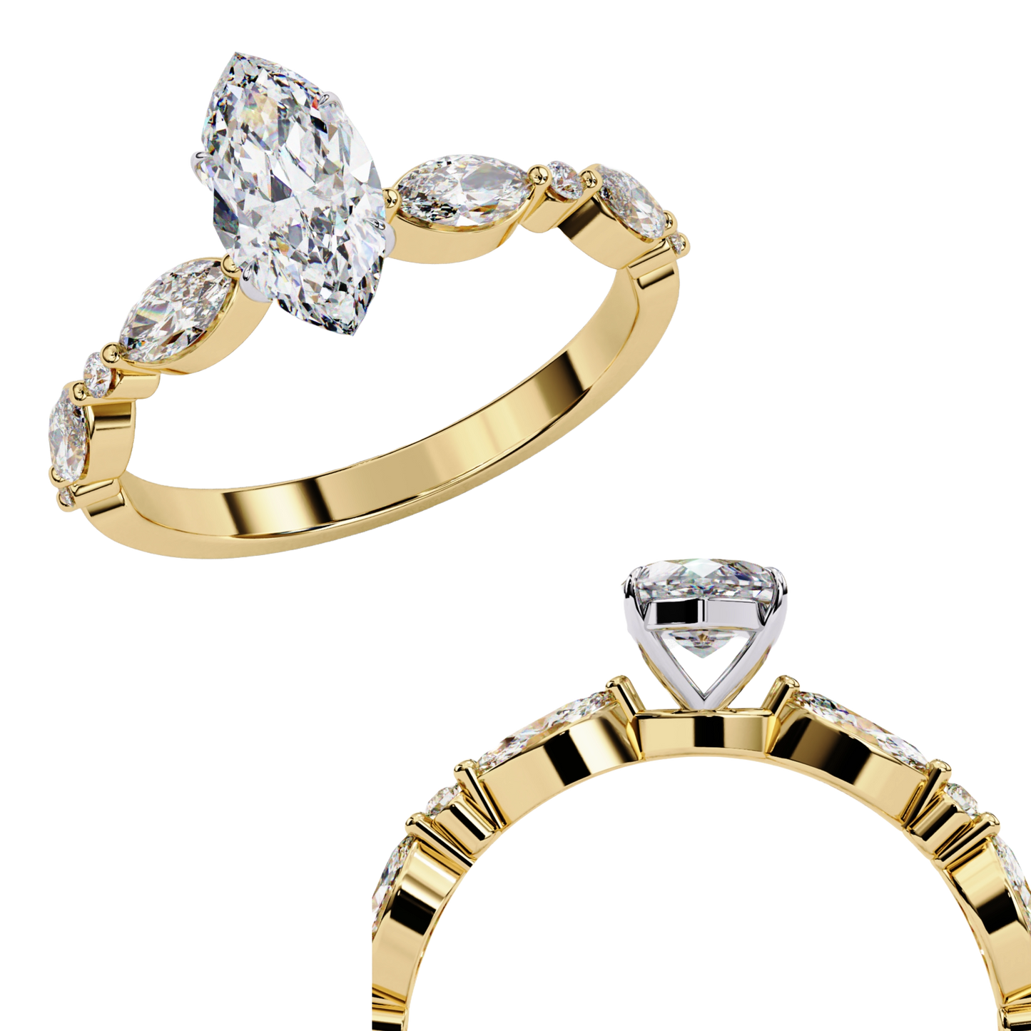 Marquise Cut Lab Grown Diamond Engagement Ring - Yellow Gold Vintage Side Stone Setting | IGI Certified | Sarva Jewels