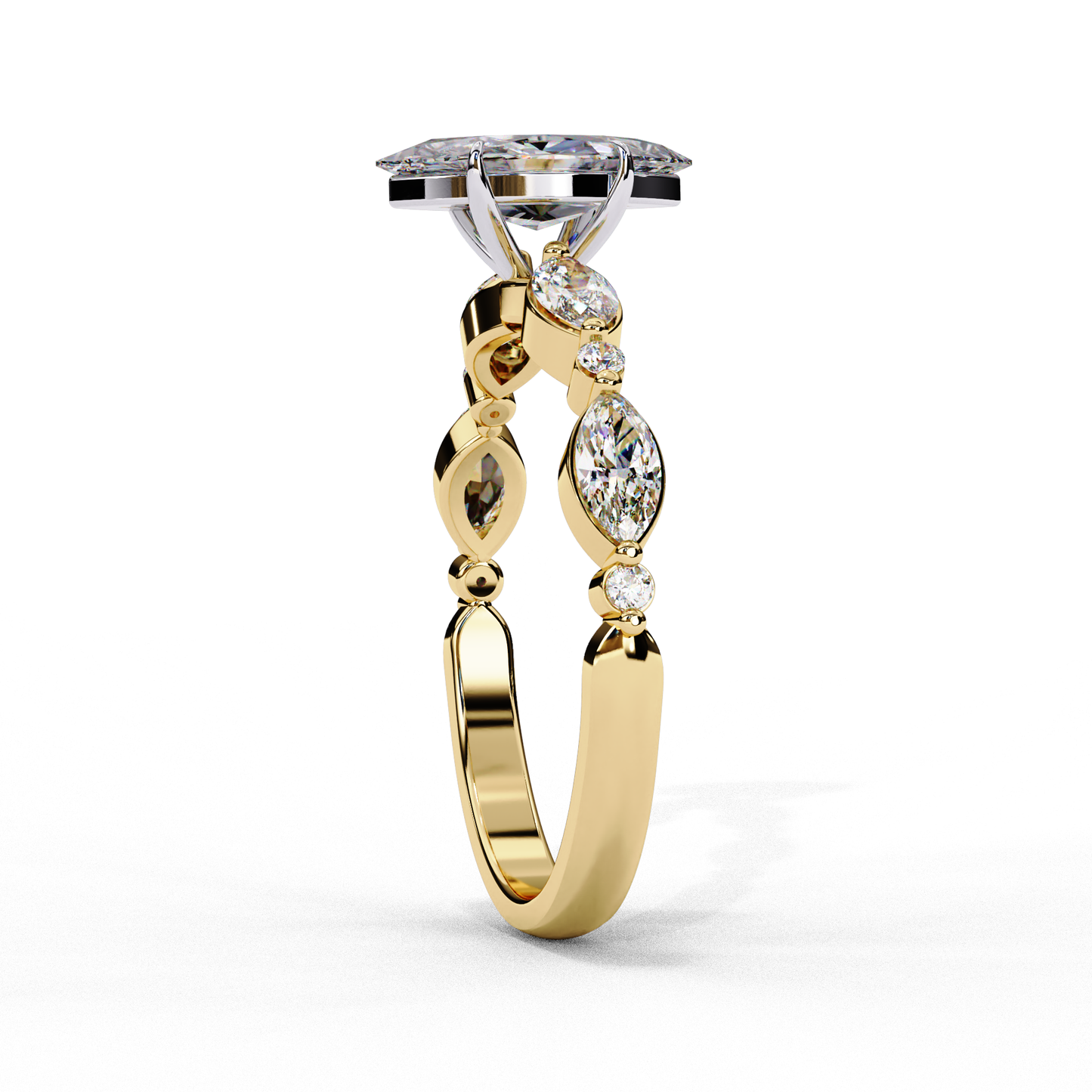 Marquise Cut Lab Grown Diamond Engagement Ring - Yellow Gold Vintage Side Stone Setting | IGI Certified | Sarva Jewels