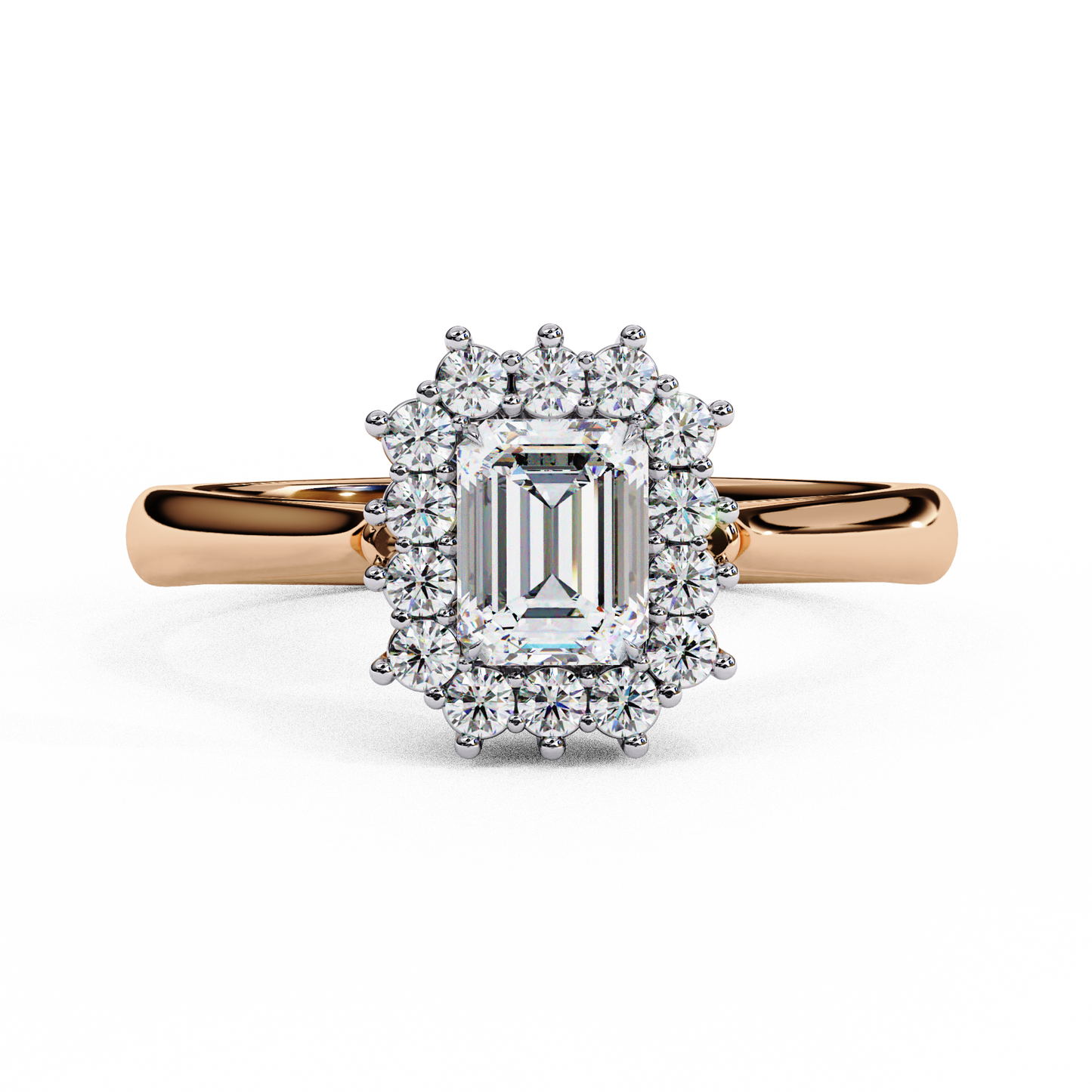 "Emerald Cut Lab Grown Diamond Halo Engagement Ring - Rose Gold & White Gold Setting | IGI Certified | Sarva Jewels"