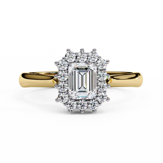 "Emerald Cut Lab Grown Diamond Halo Engagement Ring - Rose Gold & White Gold Setting | IGI Certified | Sarva Jewels"
