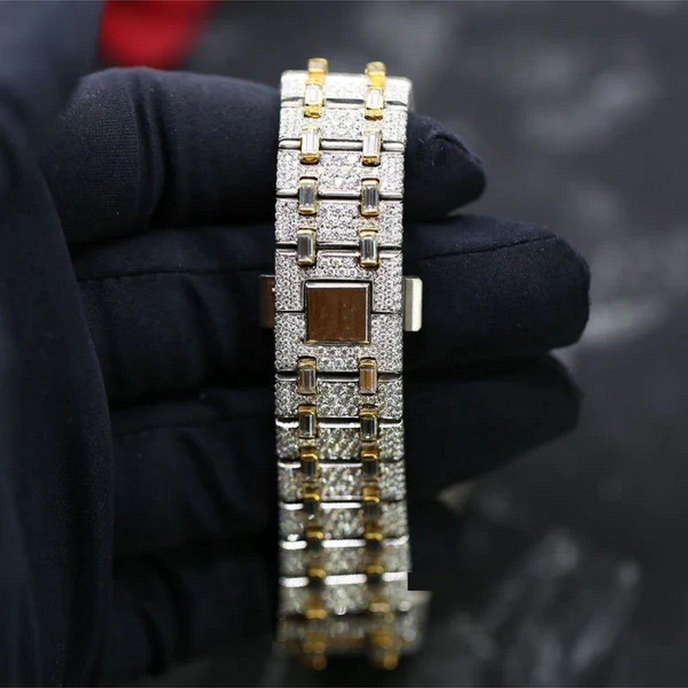 Baguette & Round VVS Diamond Full Iced Out Watch, Stainless Steel Self Winding Diamond Watch For Him, VVS Diamond Watch