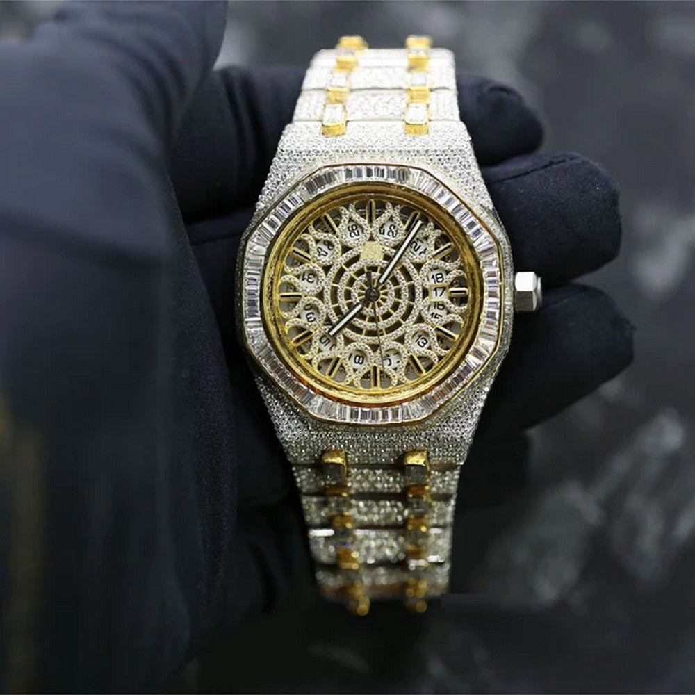 Baguette & Round VVS Diamond Full Iced Out Watch, Stainless Steel Self Winding Diamond Watch For Him, VVS Diamond Watch