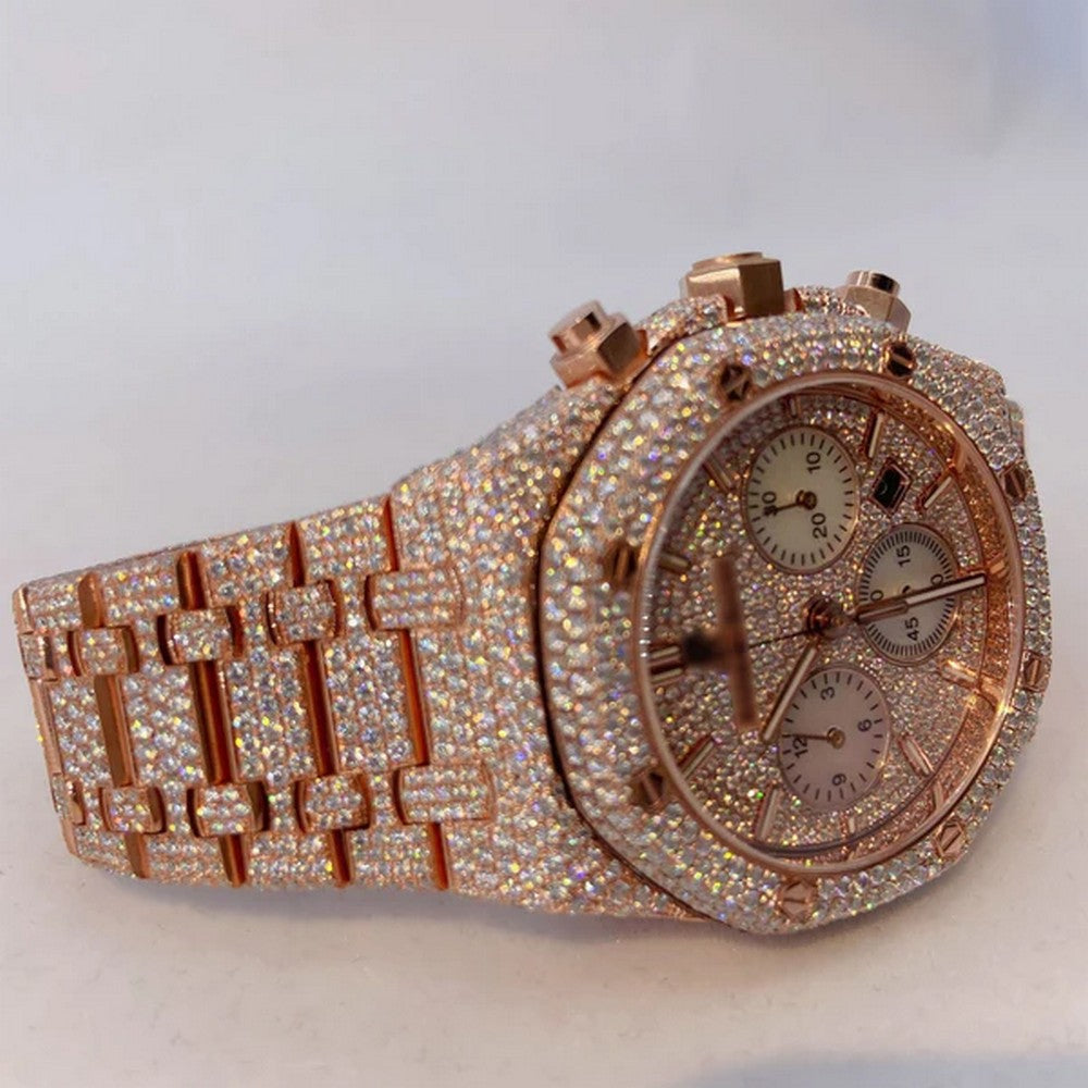 Full Iced Out VVS Diamond Men Watch, Stainless Steel All Chronograph Working 2 Tone Gold Plated 42mm Men Watch