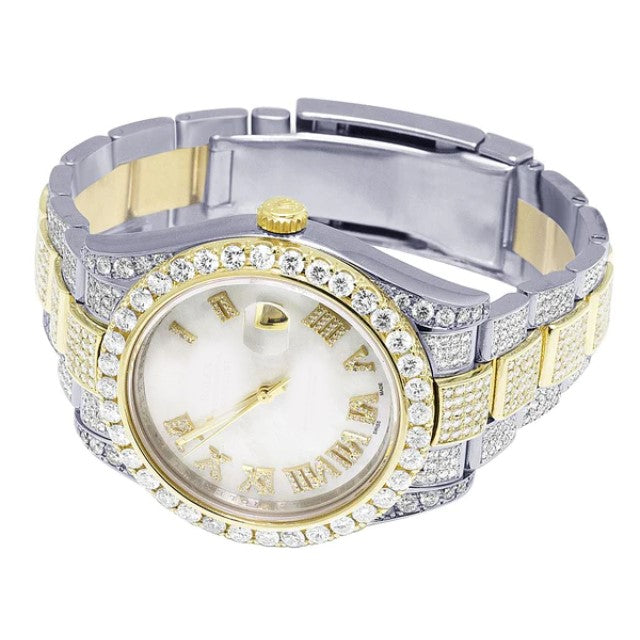 Yellow & White Gold 2 Tone Plated Stainless Steel Men Watch For Gift, Fully Iced Out