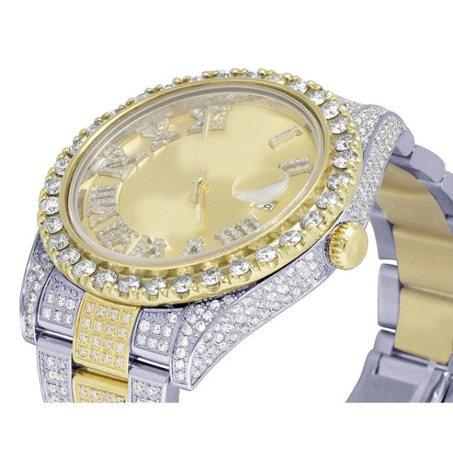 Yellow & White Gold 2 Tone Plated Stainless Steel Men Watch Rolex Datejust Round VVS Diamond Men Watch