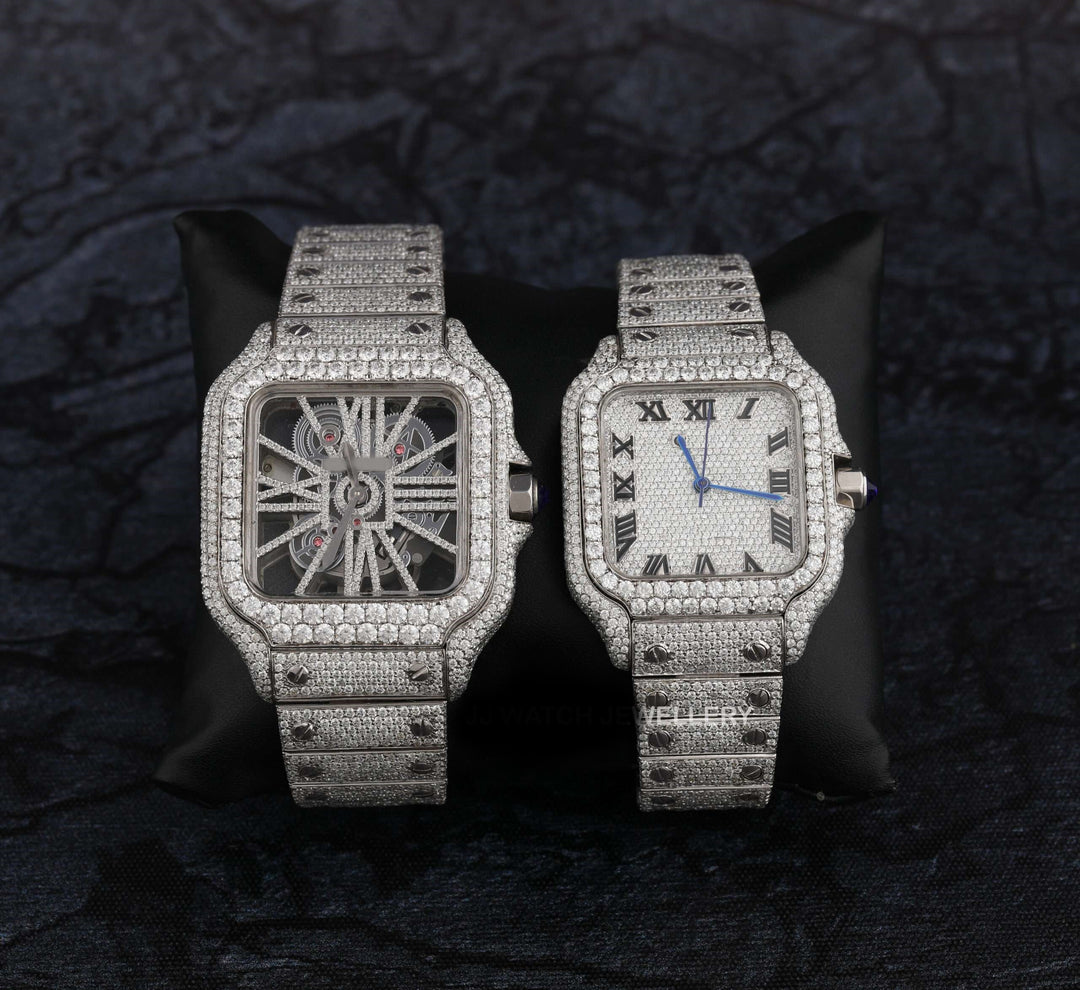 Cartier Skeleton & Santos Moissanite Diamond Men & Weman Watch, Stainless Steel White Gold Plated Watch For Beautyfull Person