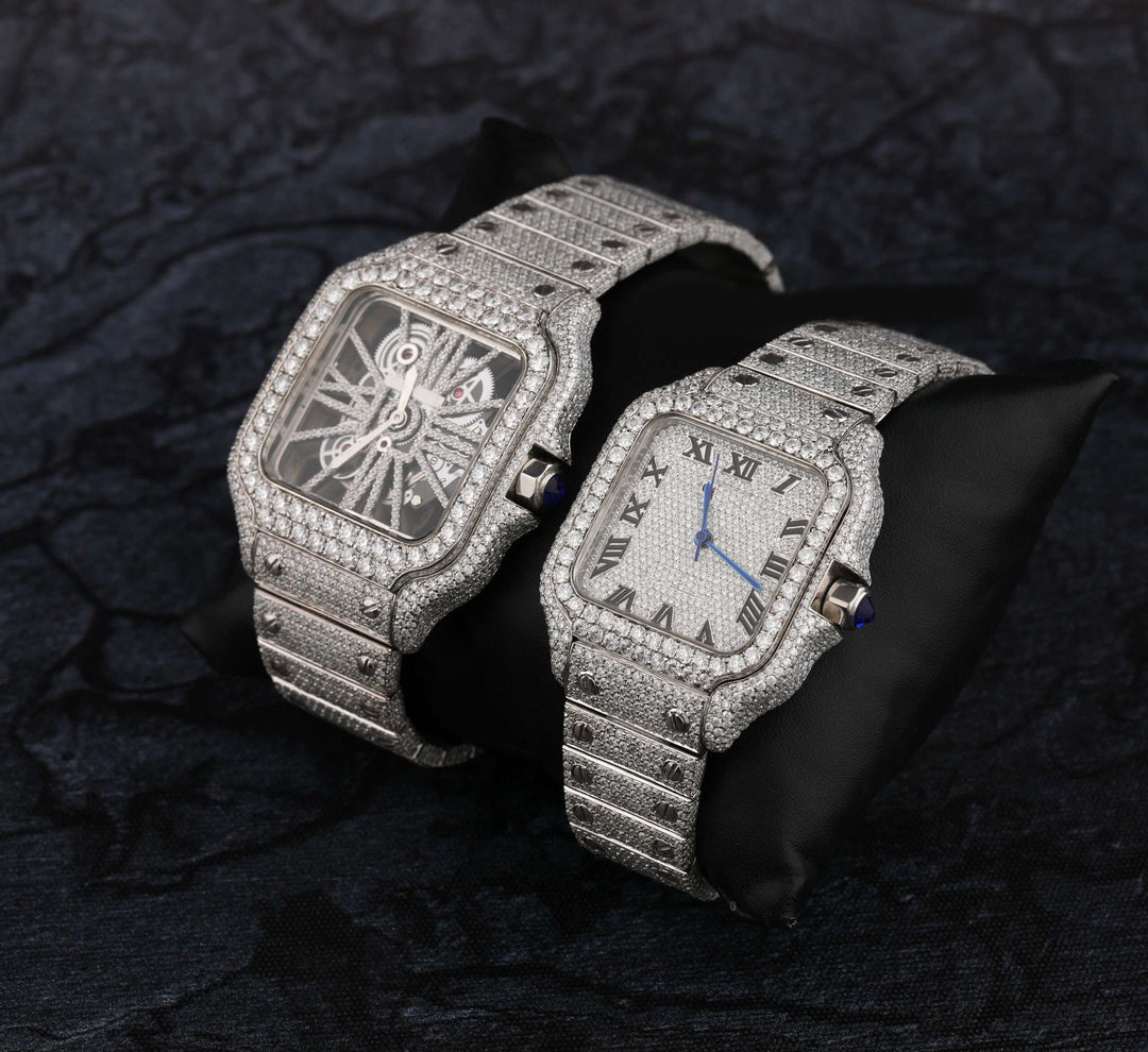 Cartier Skeleton & Santos Moissanite Diamond Men & Weman Watch, Stainless Steel White Gold Plated Watch For Beautyfull Person