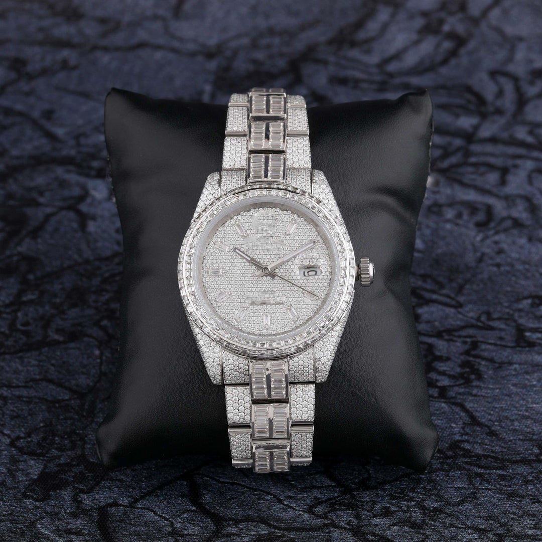 Baguette And Round VVS Moissanite Diamond Wrist Watch For Men