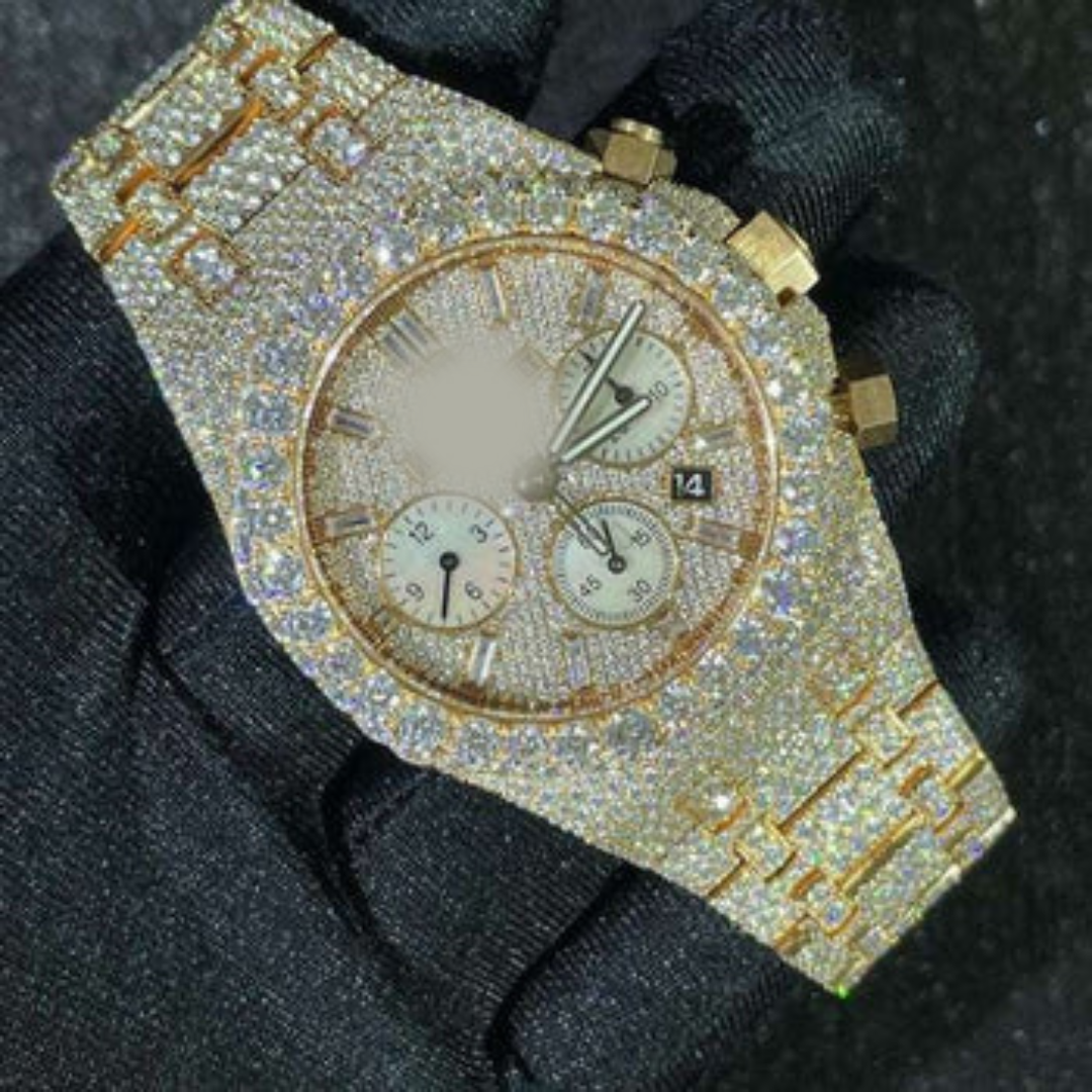 Full Iced Out VVS Diamond Men Watch, Stainless Steel All Chronograph Working Rose Gold Plated 42mm Men Watch