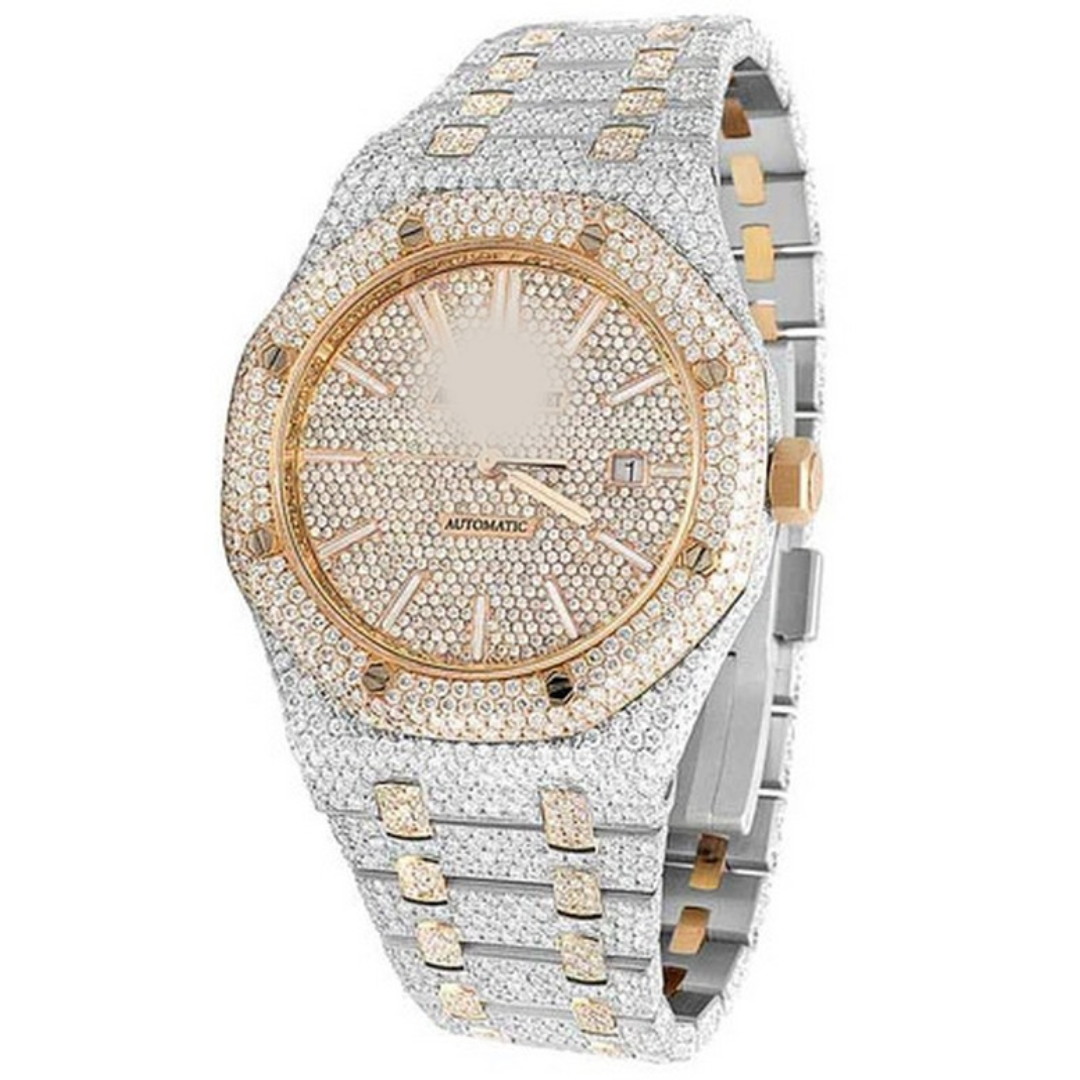 Full Iced Out VVS Diamond Men Watch, Stainless Steel 2 Tone Gold Plated 42mm Men Watch