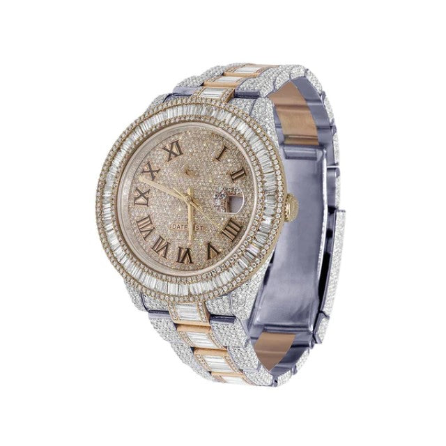 Baguette & Round VVS Diamond Rolex Datejust  Rose & White Gold 2 Tone Plated Stainless Steel Men Watch