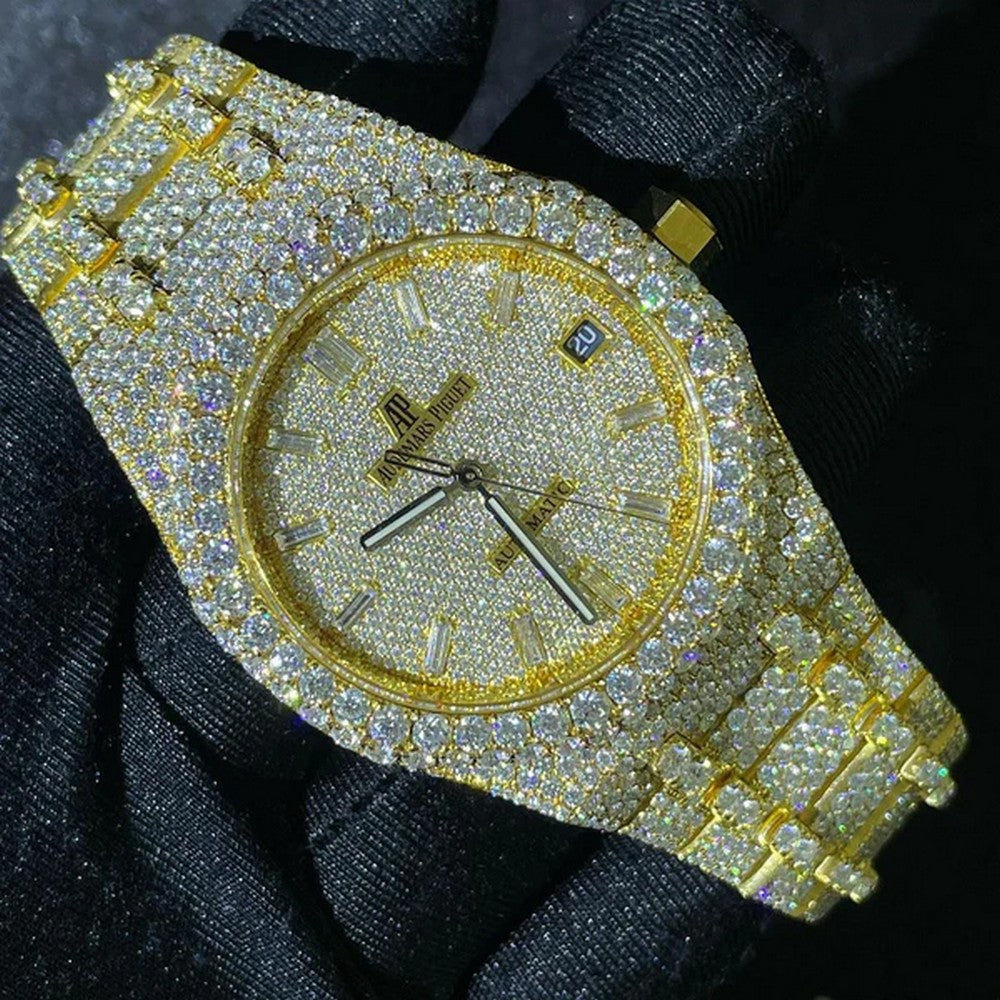 Full Iced Out VVS Diamond Men Watch, Stainless Steel Yellow Gold 42mm Men Watch