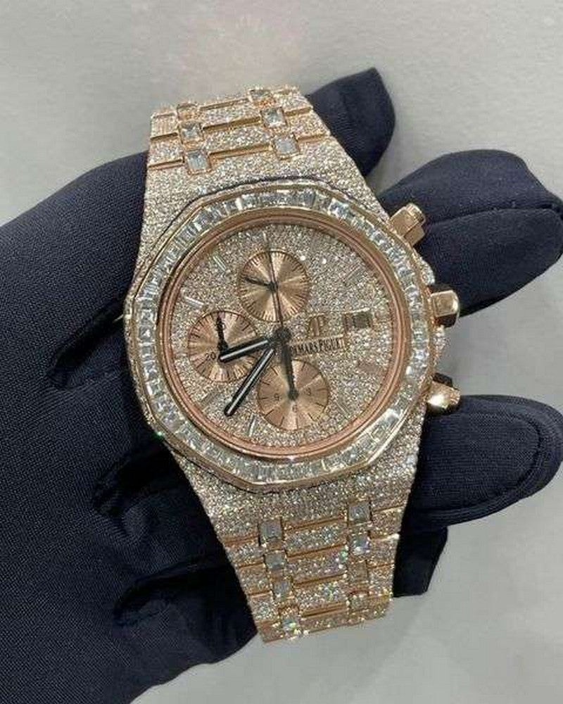 Full Iced Out VVS Diamond Men Watch, Stainless Steel All Chronograph Working Rose Gold Plated 42mm Men Watch