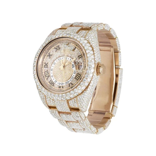 Fully Iced Out Rolex Sky Dweller Round VVS Diamond Men Watch Rose Gold Plated Stainless Steel Men Watch