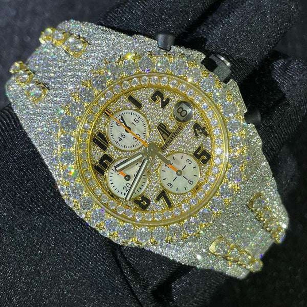 Full Iced Out VVS Diamond Men Watch, Stainless Steel All Chronograph Working 42mm Men Watch, White & Yellow Gold Plated Birthday Gift Watch