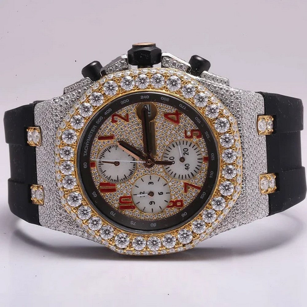 Full Iced Out VVS Diamond Men Watch, Black Silicon Band All Chronology Working 42mm Men Watch