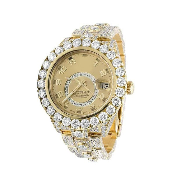 Round VVS Diamond Rolex Sky Dweller Yellow Gold Plated Stainless Steel Men Watch