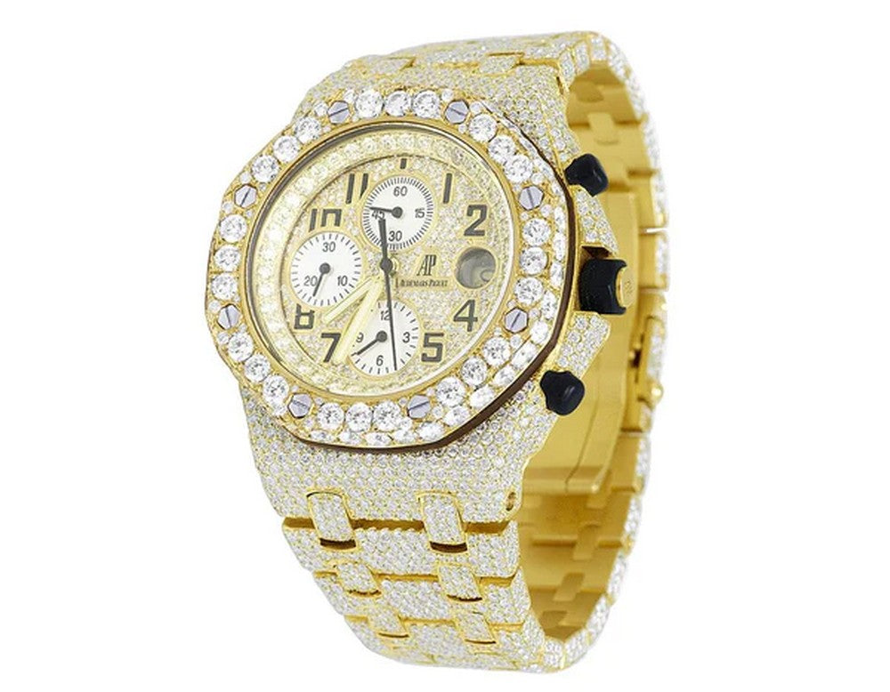 Full Iced Out VVS Diamond Men Watch, Stainless Steel Yellow Gold Plated All Chronograph Working 42mm Men Watch