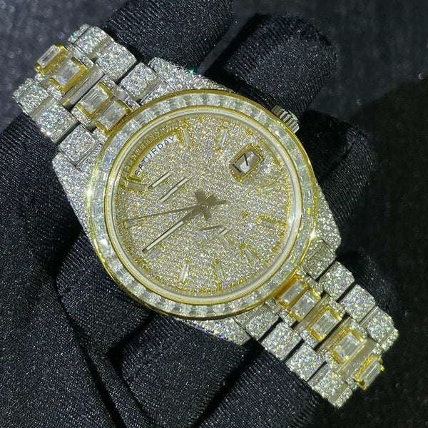 Rolex Daydate Full Iced Out VVS Diamond Watch, Baguette And Round VVS Diamond Wrist Watch For Men