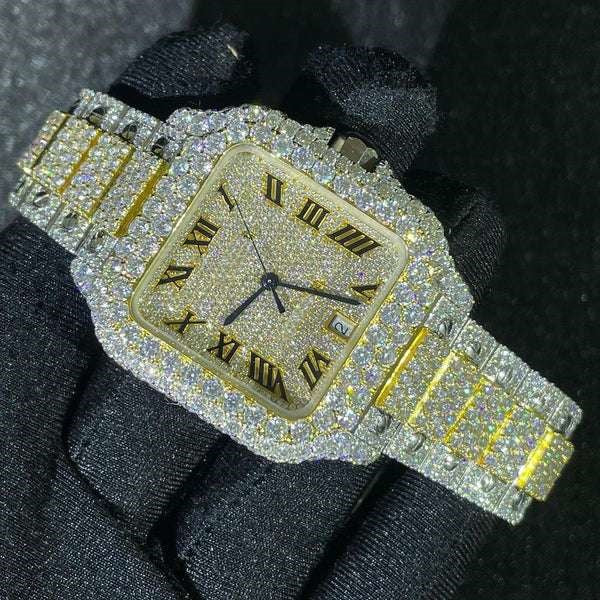 Cartier Santos VVS Diamond Iced Out Men Watch, Stainless Steel 2 Tone Gold Plated Men Watch For Birthday Gift