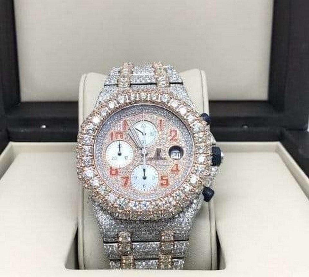 Full Iced Out VVS Diamond Men Watch, Stainless Steel All Chronograph Working 2 Tone Gold Plated 42mm Men Watch