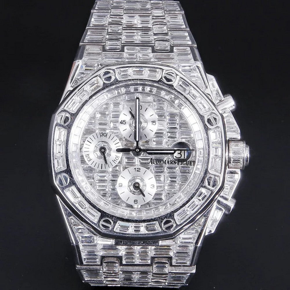 Full Iced Out VVS Baguette Diamond Men Watch, Stainless Steel All Chronology Working White Gold Plated 42mm Men Watch