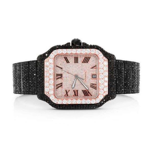 Cartier Santos Black And White VVS Diamond Men Watch, Stainless Steel Black & Rose Gold Plated Men Watch