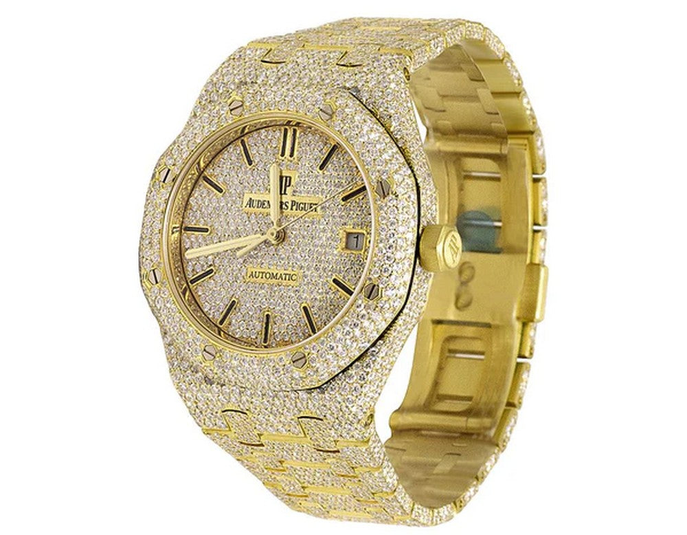 Full Iced Out VVS Diamond Men Watch, Stainless Steel Yellow Gold Plated 42mm Men Watch