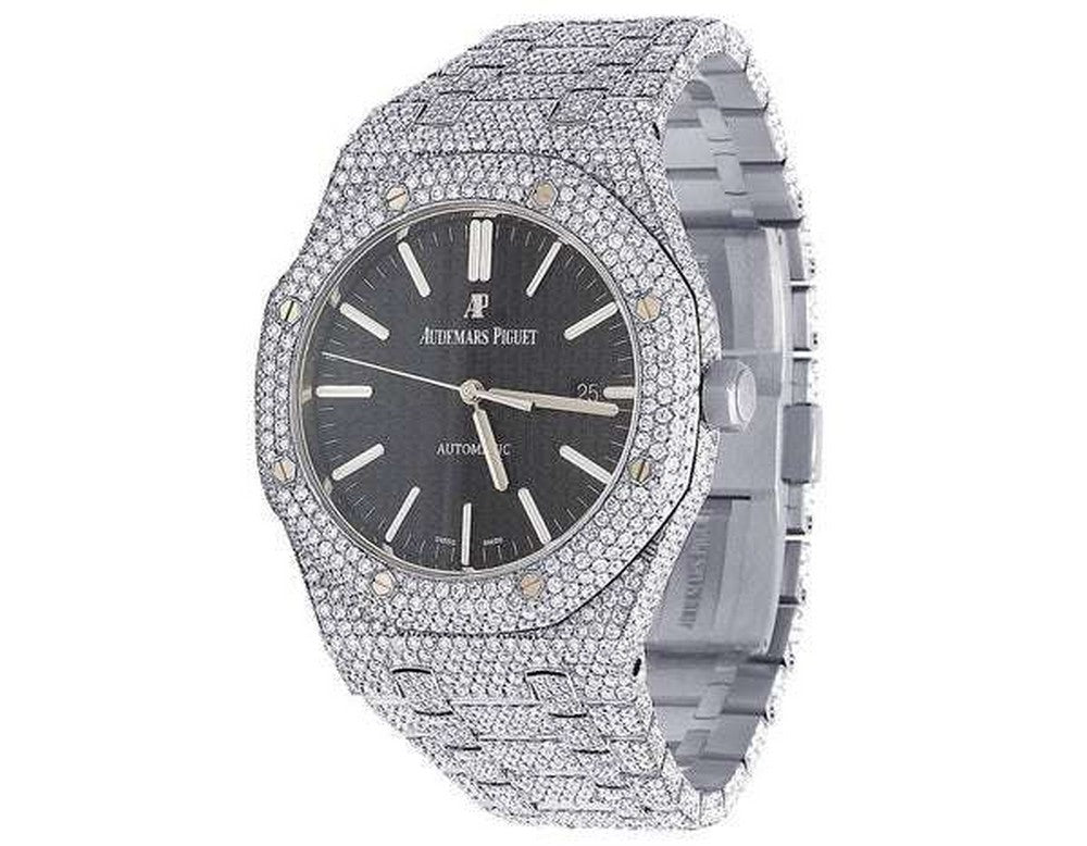 Full Iced Out VVS Diamond Men Watch, Stainless Steel White Gold Black Face 42mm Men Watch