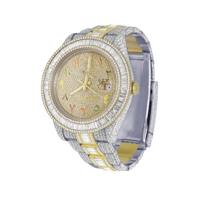 Rolex Datejust Baguette & Round VVS Diamond Fully Iced Out Yellow & White Gold 2 Tone Plated Stainless Steel Men Watch