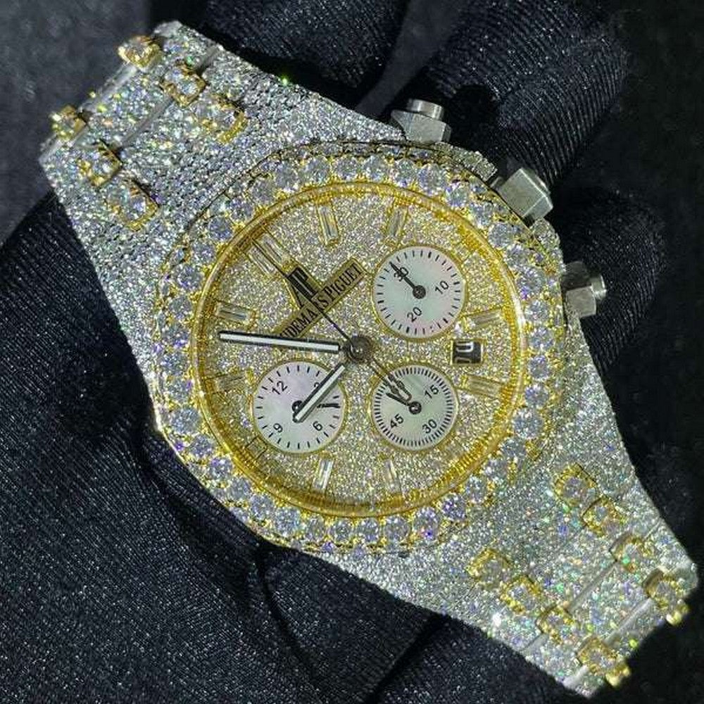 Full Iced Out VVS Diamond Men Watch, Stainless Steel All Chronograph Working 42mm Men Watch, White & Yellow Gold Plated Birthday Gift Watch