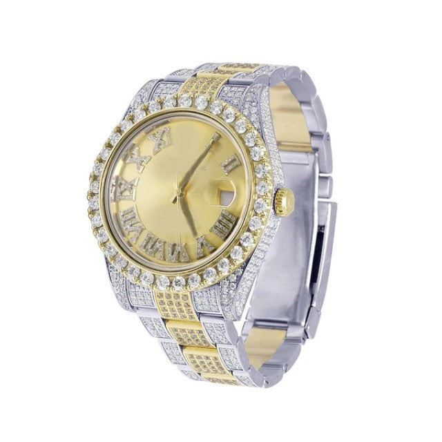 Yellow & White Gold 2 Tone Plated Stainless Steel Men Watch Rolex Datejust Round VVS Diamond Men Watch