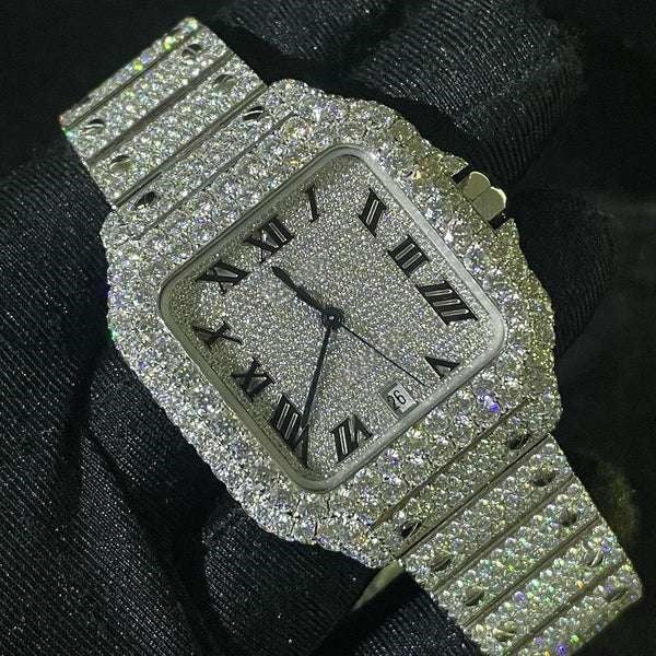 Cartier Santos VVS Diamond Iced Out Men Watch, Stainless Steel 2 Tone Gold Plated Men Watch For Birthday Gift