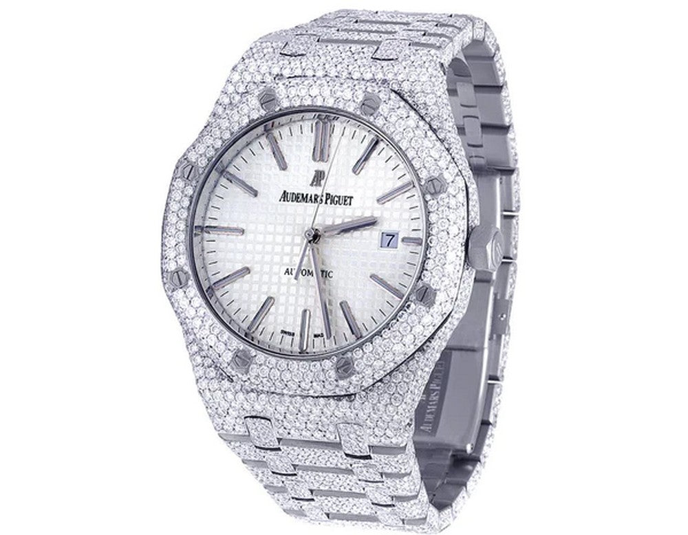 Full Iced Out VVS Diamond Men Watch, Stainless Steel White Gold Arabic Font 42mm Men Watch