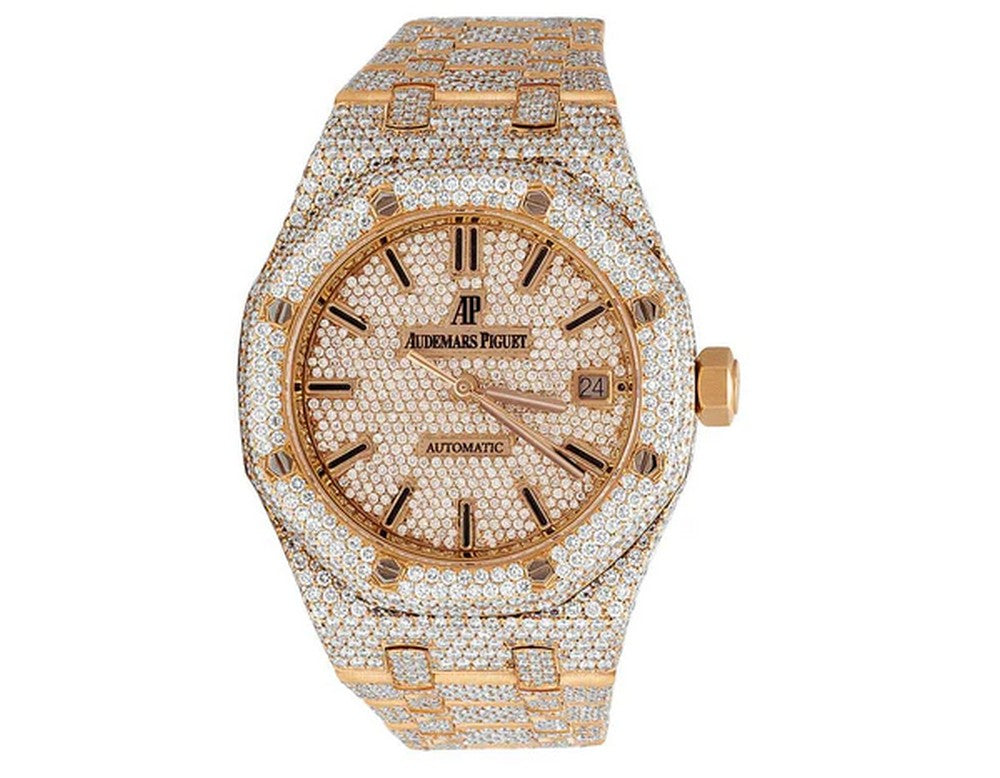 Full Iced Out VVS Diamond Men Watch, Stainless Steel Rose Gold 42mm Men Watch