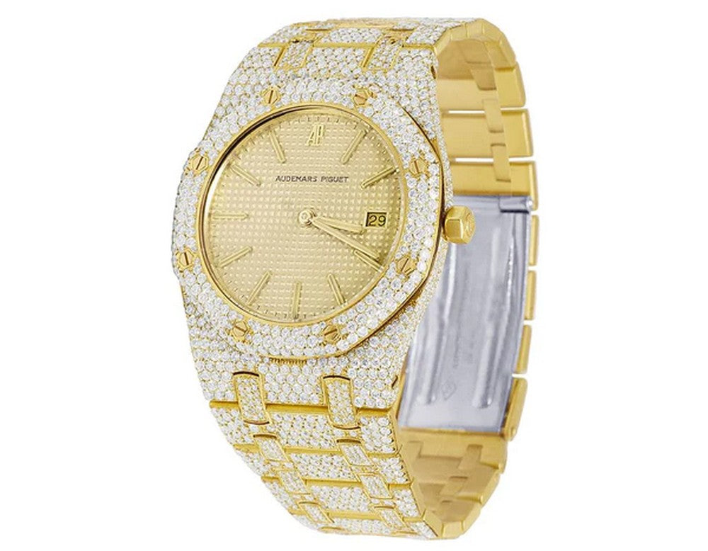 Full Iced Out VVS Diamond Men Watch, Stainless Steel Yellow Gold Plated 42mm Men Watch