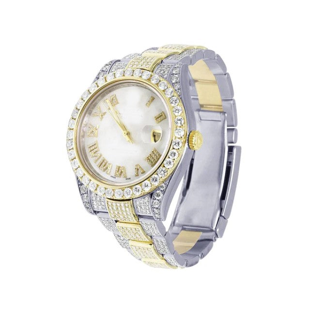 Yellow & White Gold 2 Tone Plated Stainless Steel Men Watch For Gift, Fully Iced Out