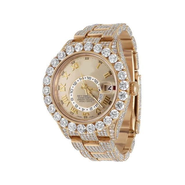 Round VVS Diamond Rose Gold Plated Stainless Steel Men Rolex Sky Dweller Round VVS Diamond Men Watch