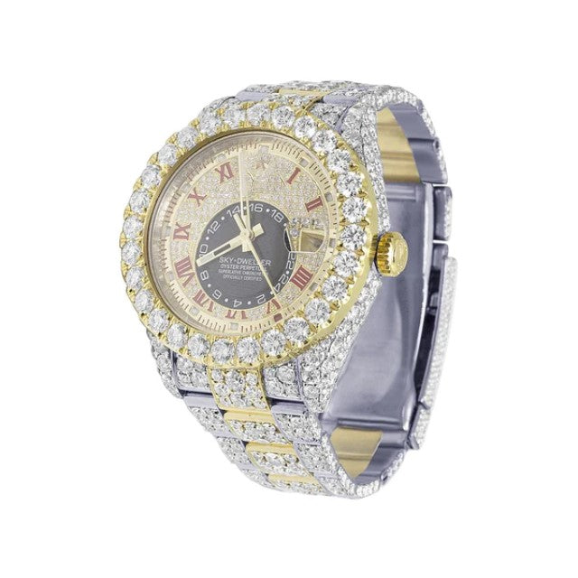 Sky Dweller Round VVS Diamond Men Watch Yellow & White Gold 2 Tone Plated Stainless Steel Men Watch