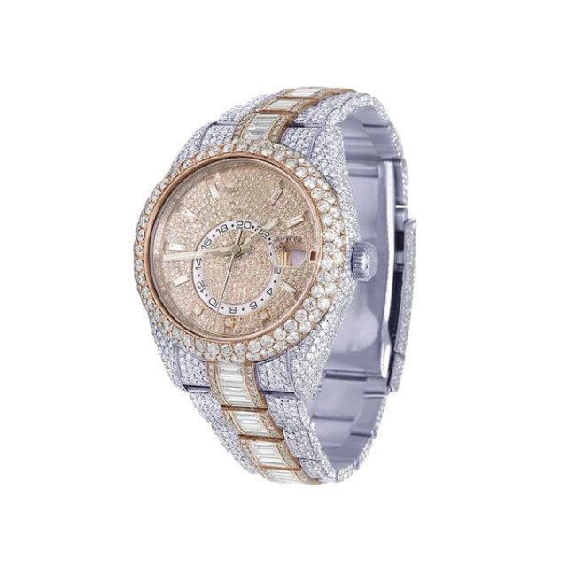 Rolex Sky Dweller Baguette & Round VVS Diamond Men Watch,White & Rose Gold 2 Tone Plated Stainless Steel Men Watch