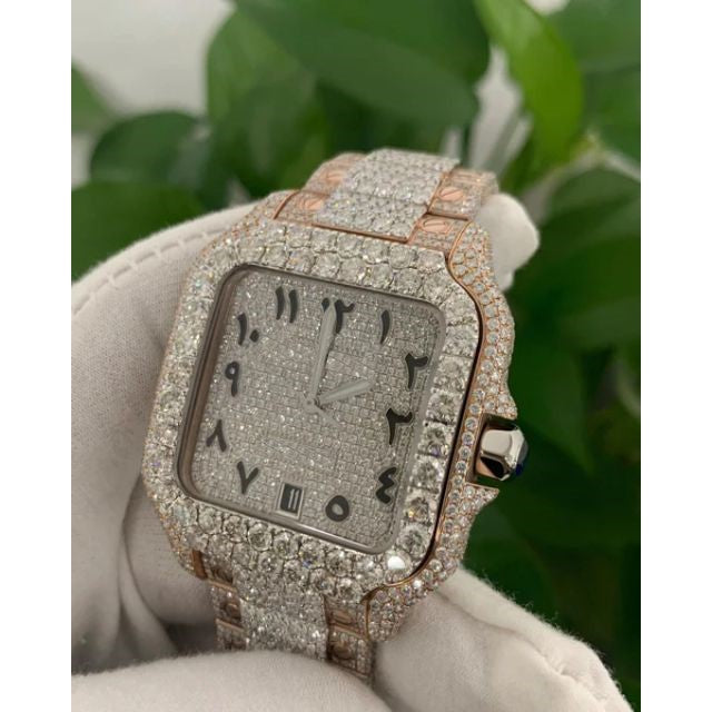 Cartier Santos VVS Diamond Iced Out Men Watch, Stainless Steel 2 Tone Gold Plated Men Watch For Birthday Gift