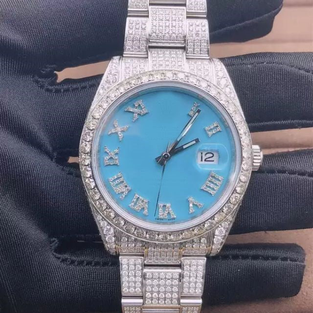 Rolex Jubilee Daydate Blue Dial VVS Diamond Men Watch, 41mm Dial White Gold Plated Stainless Steel Men Watch