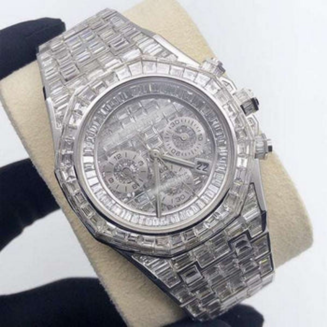 Full Iced Out VVS Baguette Diamond Men Watch, Stainless Steel All Chronology Working White Gold Plated 42mm Men Watch