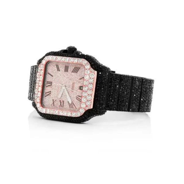 Cartier Santos Black And White VVS Diamond Men Watch, Stainless Steel Black & Rose Gold Plated Men Watch