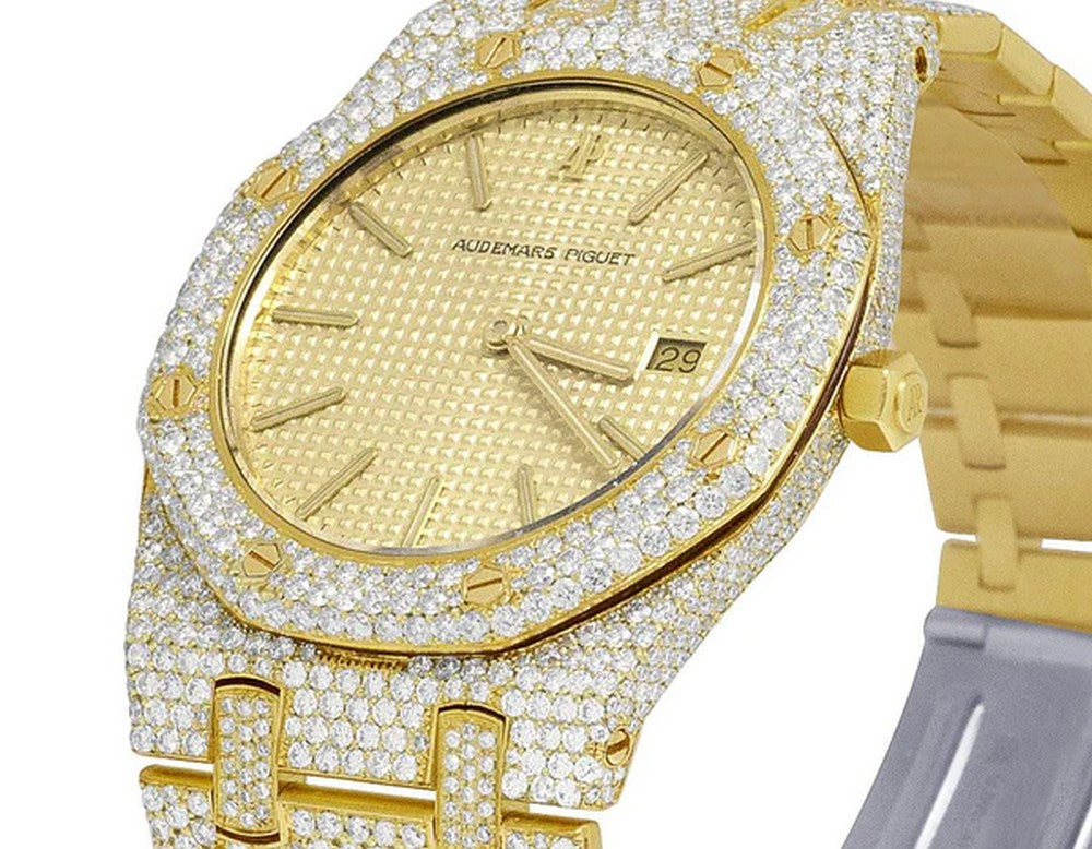 Full Iced Out VVS Diamond Men Watch, Stainless Steel Yellow Gold Plated 42mm Men Watch