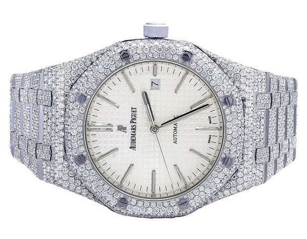 Full Iced Out VVS Diamond Men Watch, Stainless Steel White Gold Arabic Font 42mm Men Watch