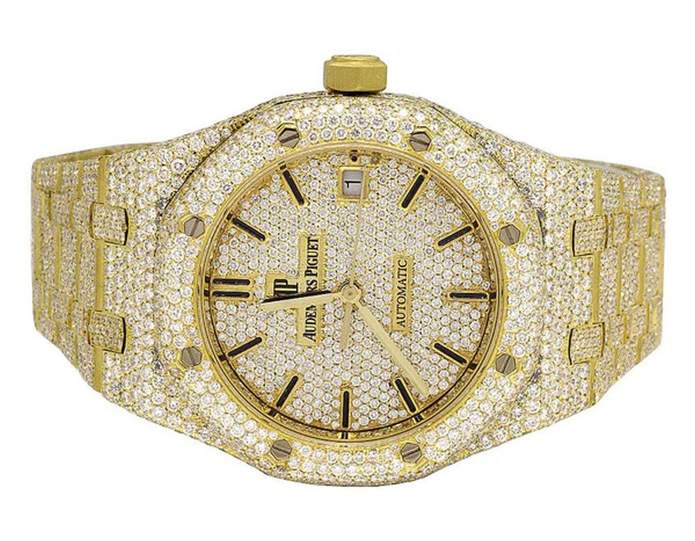 Full Iced Out VVS Diamond Men Watch, Stainless Steel Yellow Gold Plated 42mm Men Watch