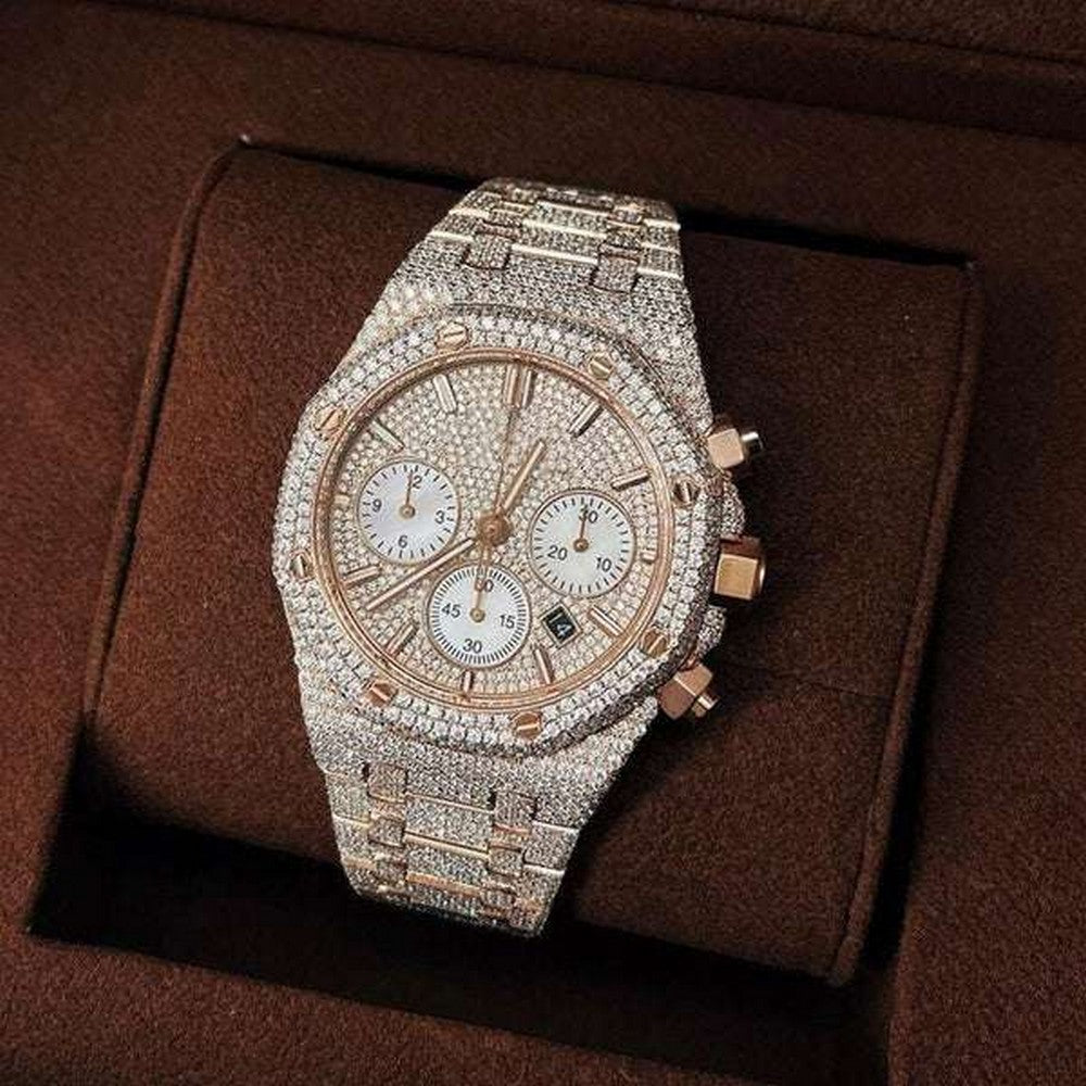 Full Iced Out VVS Diamond Men Watch, Stainless Steel All Chronograph Working 2 Tone Gold Plated 42mm Men Watch