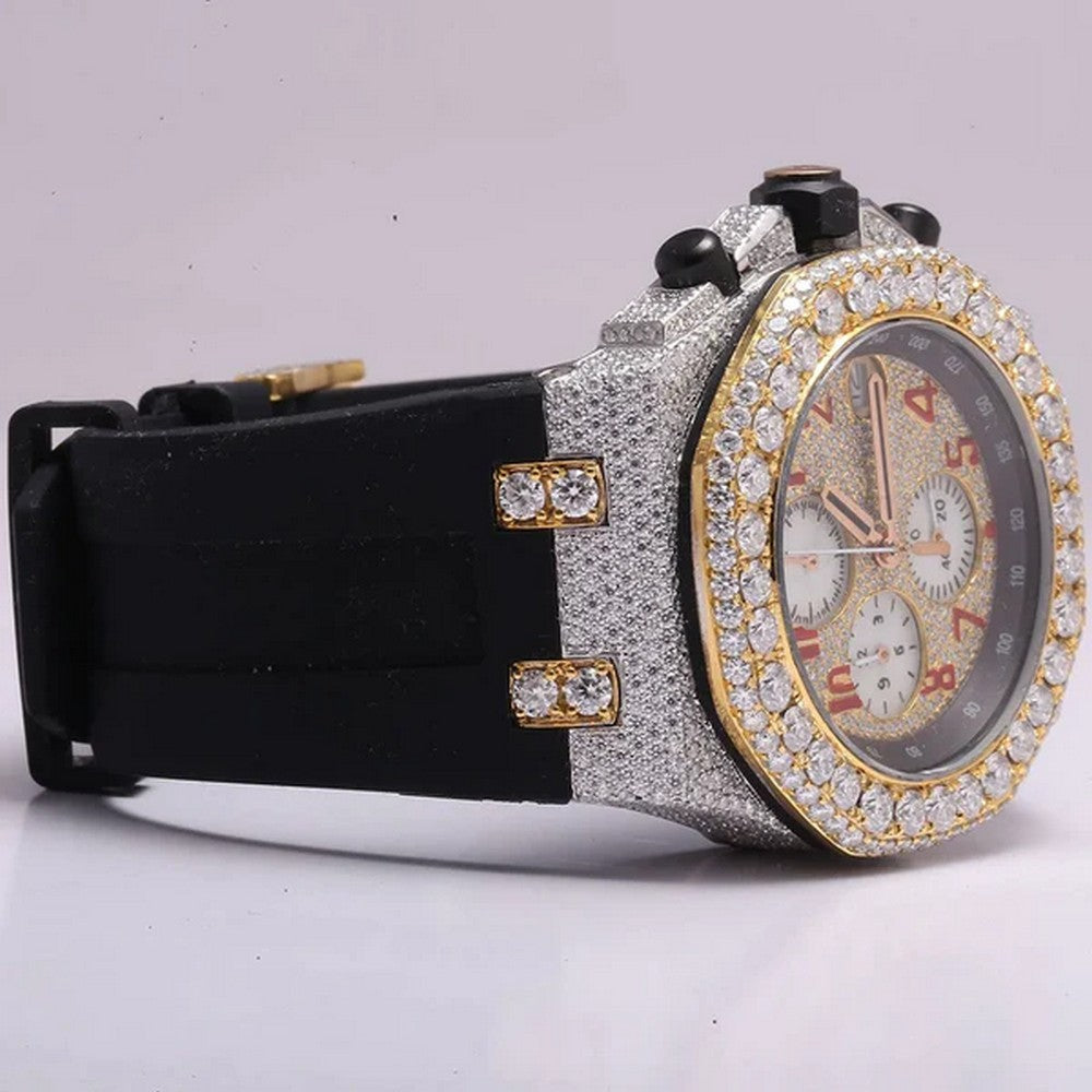 Full Iced Out VVS Diamond Men Watch, Black Silicon Band All Chronology Working 42mm Men Watch