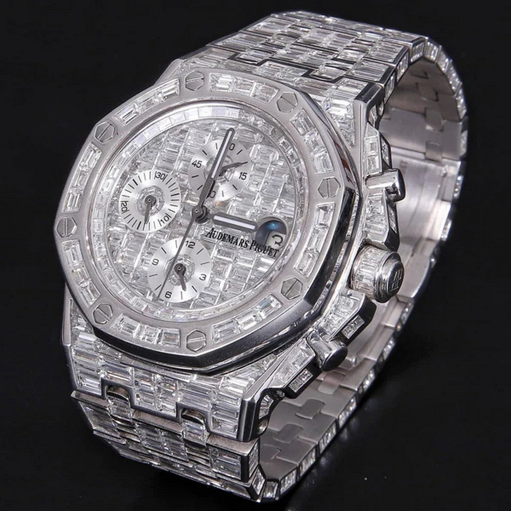 Full Iced Out VVS Baguette Diamond Men Watch, Stainless Steel All Chronology Working White Gold Plated 42mm Men Watch